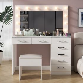 Vanity Desk Set with Large Lighted Mirror and Powre Outlet, Glass Top Makeup Vanity with 7 Drawers, Vanity Table with 12 LED Lights